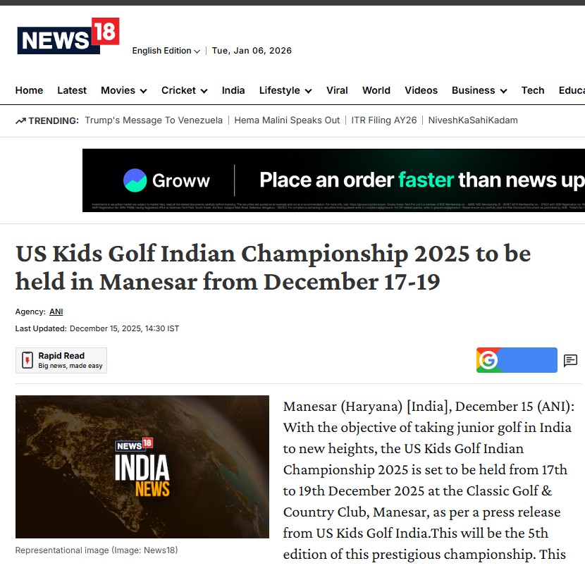 Golfer Shiksha Jain featured in News18 report on US Kids Golf Indian Championship 2025 in Manesar