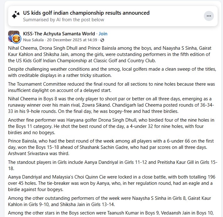 KISS-The Achyuta Samanta World post featuring Golfer Shiksha Jain named standout in US Kids Golf Indian Championship 2025 results (Girls 13–14)
