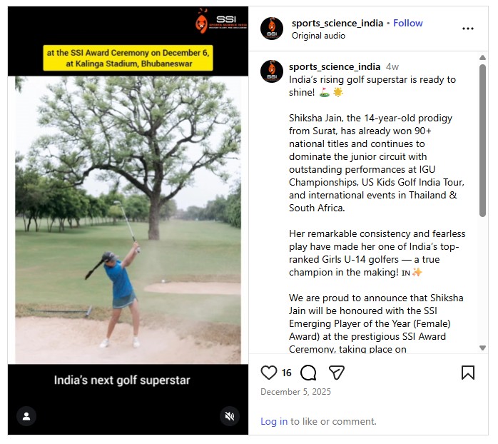 Golfer Shiksha Jain playing golf in Instagram post announcing SSI Emerging Player of the Year (Female) award