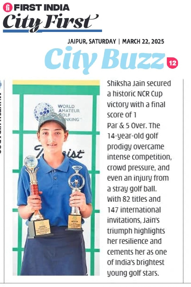 Golfer Shiksha Jain holding two trophies after her historic NCR Cup victory.