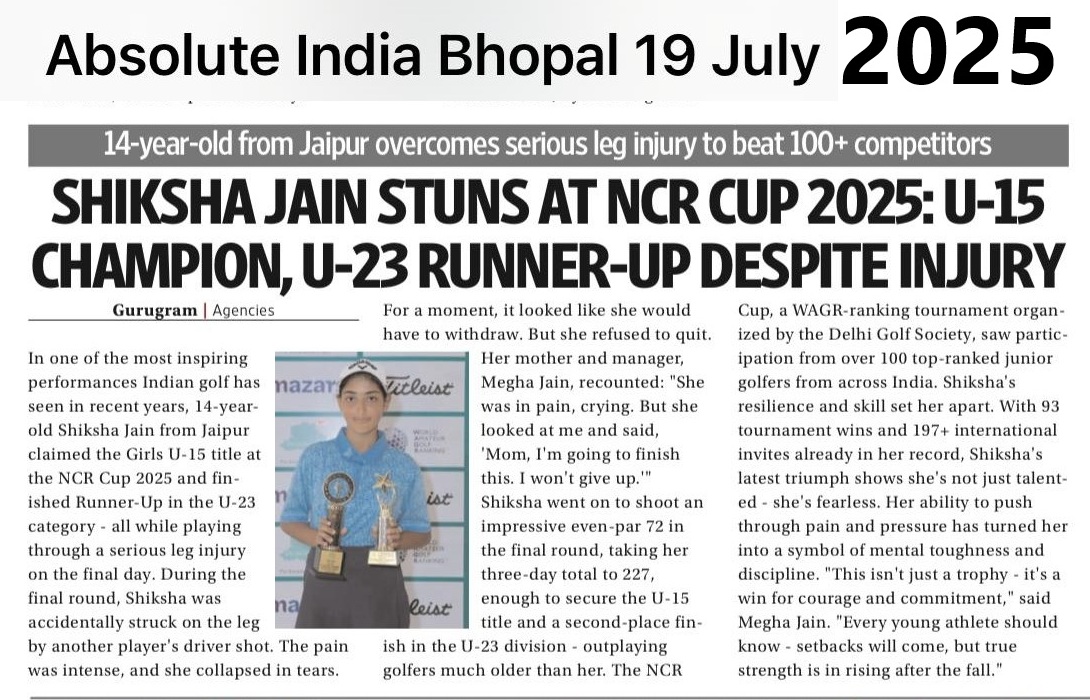Golfer Shiksha Jain holding trophies after NCR Cup 2025 U-15 win