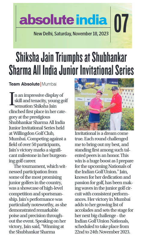 Golfer Shiksha Jain receiving trophy at Shubhankar Sharma All India Junior Invitational Series at Willingdon Golf Club