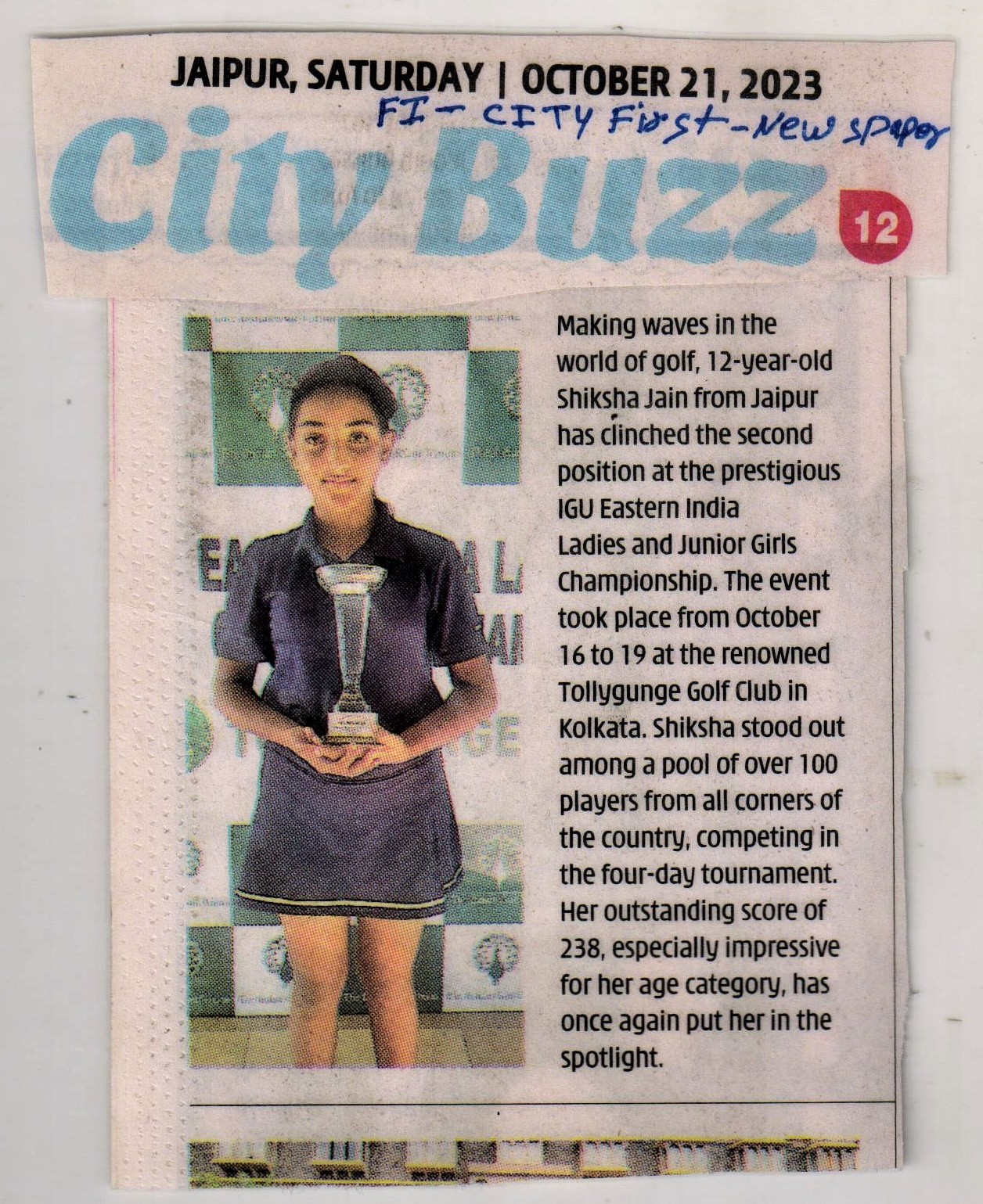 Golfer Shiksha Jain holding trophy after finishing second at IGU Eastern India Ladies & Junior Girls Championship at Tollygunge Golf Club