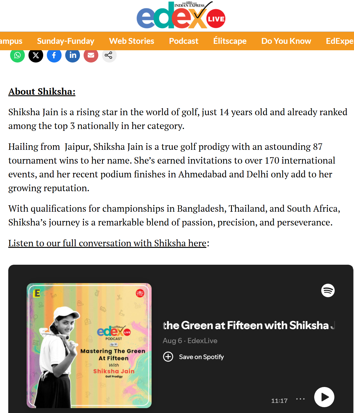 Golfer Shiksha Jain featured in EdexLive article highlighting her achievements, 87 wins, and global tournament qualifications