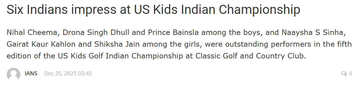 Golfer Shiksha Jain featured among top performers at U.S. Kids Golf Indian Championship 2025 at Classic Golf and Country Club