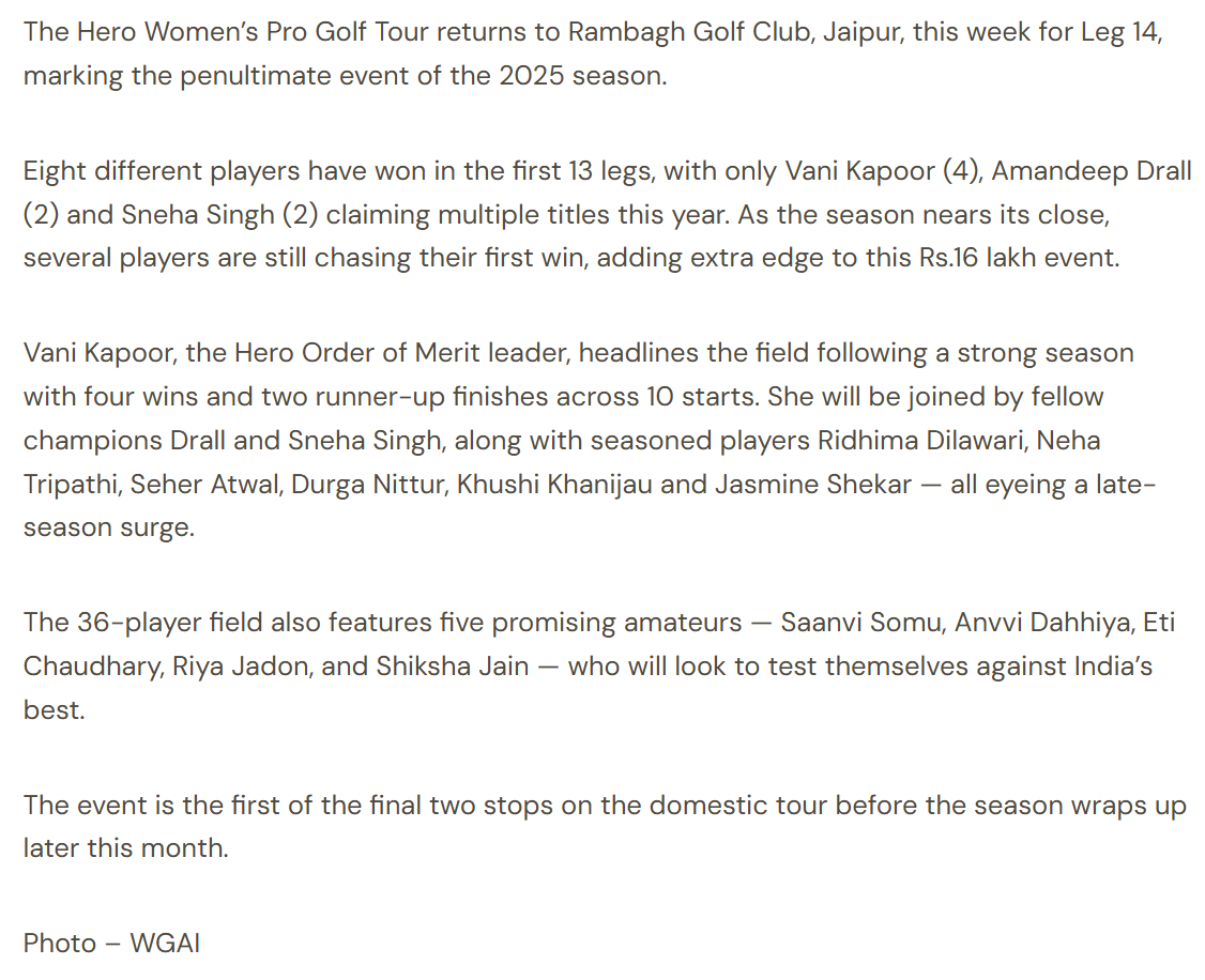 Golfer Shiksha Jain featured in Hero Women’s Pro Golf Tour Leg 14 at Rambagh Golf Club Jaipur